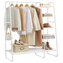 (Cloud White, Matte White) Clothes Rail, Clothes Rack with Shoe Shelf, 5-Tier Storage Rack, 6 Side Hooks