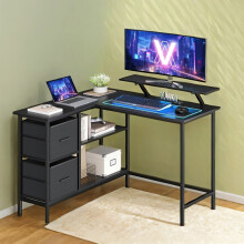 (Ebony Black) L-Shaped Desk with 2 Spacious Drawers, Gaming Desk with Monitor Stand, Corner Desk