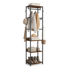 (Ink Black and Rustic Brown) Clothes Rack, Coat Rack Stand with Hanging Rail and Hooks, Hall Tree with Shelves