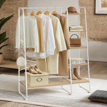 (NaturalOak,White) Clothes Rail, Clothes Rack with Shoe Shelf, 5-Tier Storage Rack, 6 Side Hooks