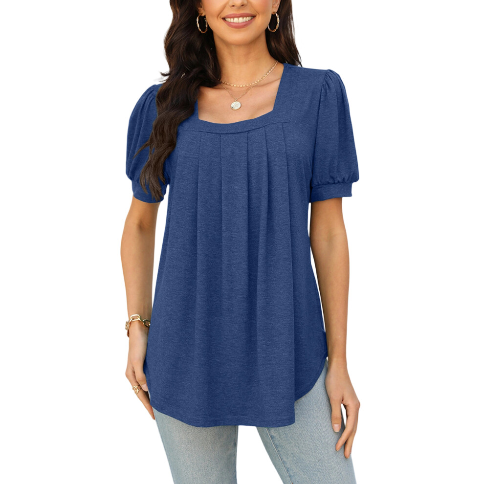 Blue Women's Summer Short-Sleeved Ruffled Square Neck-Navy Xxl