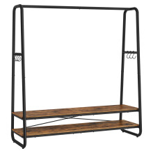 (Rustic Brown and Black) Clothes Rack with Shelves, Steel Frame Coat Stand, Entryway Wardrobe, 2 Tiers, 6 Hooks, for Bedroom