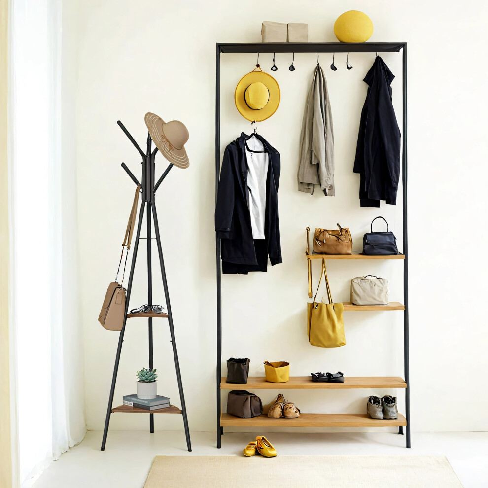 Vasagle (Hazelnutbrown,) Coat Rack Freestanding, Coat Hanger Stand, Hall Tree With 2 Shelves, For Clothes, Hat, Bag Black