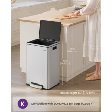 (Silver) Kitchen Bin 50 L, with 15 Bin Bags, Steel, Removable Plastic Inner Bucket, with Lid, Handles, Soft Close
