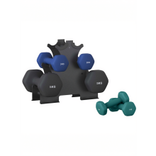 (Teal Blue, Harbor Blue, Ink Black) Hex Dumbbells Set with Stand - 2 x 1 kg, 2 x 3 kg, 2 x 5 kg, Neoprene Coating, Home Fitness, Grey, Green