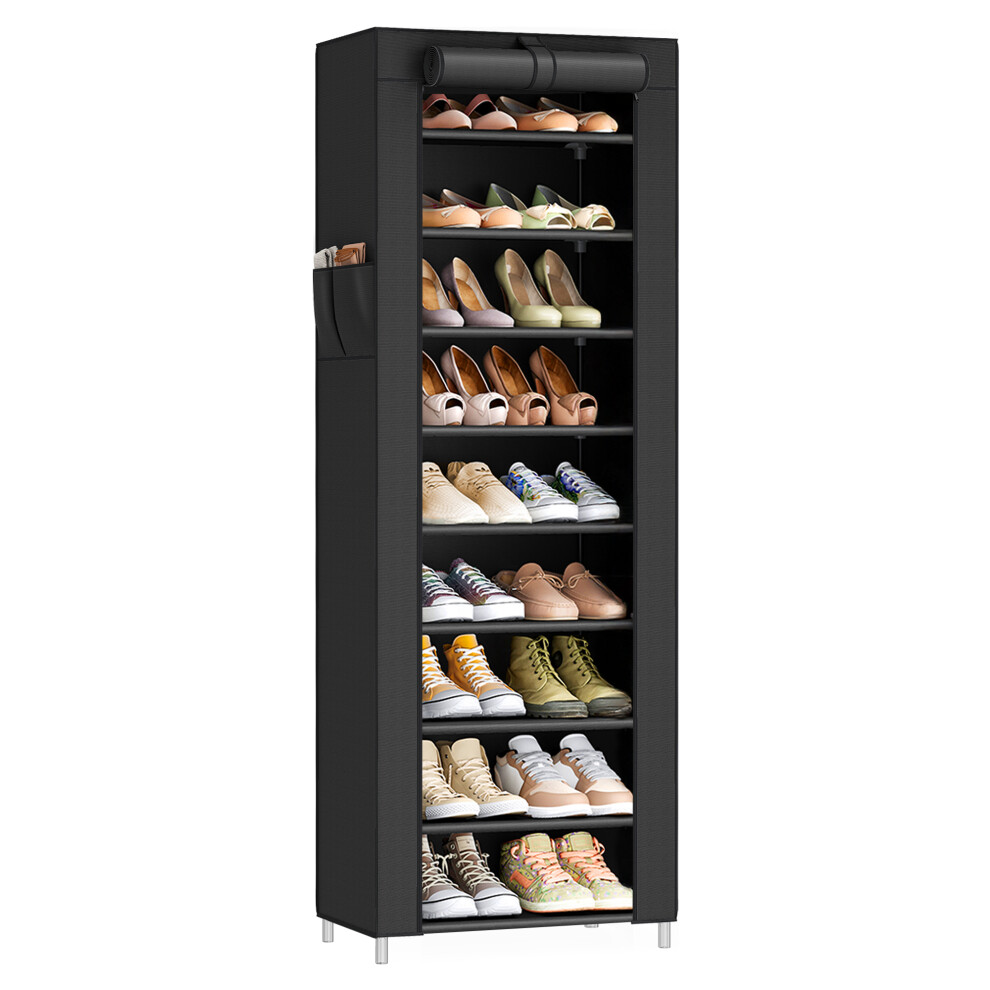 Songmics (Black) 10-Tier Shoe Organiser With Dustproof Cover, Shoe Rack Storage Cabinet, For Hallway Or Living Room, Holds 20 Pairs Black