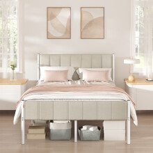 (Cappuccino Beige) Double Bed Frame, 135 x 190 cm, with Upholstered Headboard, Metal Bed Frame, 500 kg Weight Capacity, Easy Assembly