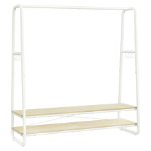 (Natural Beige and Matte White) Clothes Rack with Shelves, Steel Frame Coat Stand, Entryway Wardrobe, 2 Tiers, 6 Hooks, for Bedroom