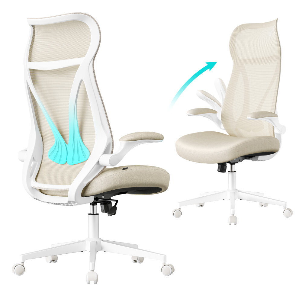Songmics (Cappuccino ) Office Chair, Swivel Mesh Chair, Ergonomic Backrest, Height Adjustable, With Flip-Up Armrests, Headrest Beige