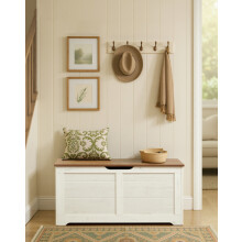(Rustic White,Honey Brown) Shoe Storage Bench, Farmhouse Style,for Hallway, Bedroom