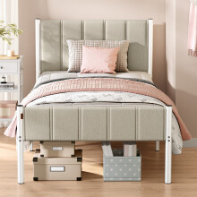 (Cappuccino Beige) Single Bed Frame, 90 x 190 cm, with Upholstered Headboard, Metal Bed Frame, 250 kg Weight Capacity, Easy Assembly