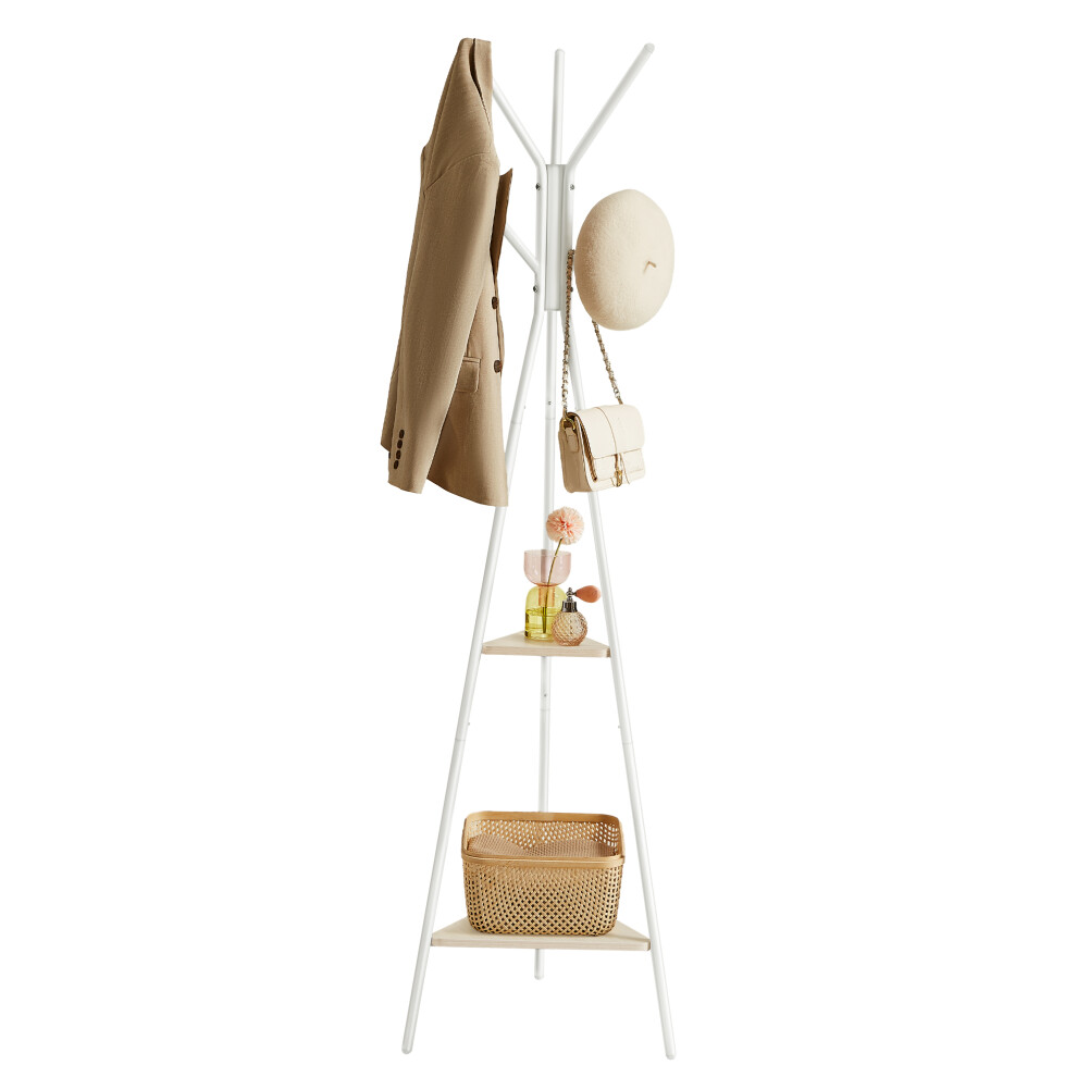Vasagle (Natural,Pearlwhite) Coat Rack Freestanding, Coat Hanger Stand, Hall Tree With 2 Shelves, For Clothes, Hat, Bag Beige/White