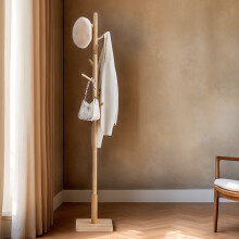 (Natural Beige) Coat Rack, Solid Wood Coat Stand, Free Standing Hall Coat Tree with 8 Hooks for Coats