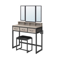 (Camel Brown,Black) Dressing Vanity Table with Mirror and Stool,3 Drawers, Hair Dryer Holder, Makeup Desk