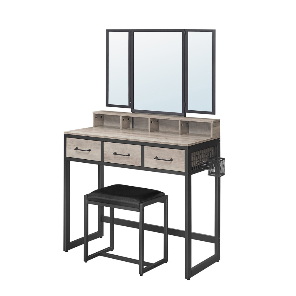 Vasagle (Camel ,Black) Dressing Vanity Table With Mirror And Stool,3 Drawers, Hair Dryer Holder, Makeup Desk Brown/Black