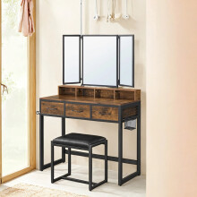 (Rustic Brown and Black) Dressing Vanity Table with Mirror and Stool,3 Drawers, Hair Dryer Holder, Makeup Desk