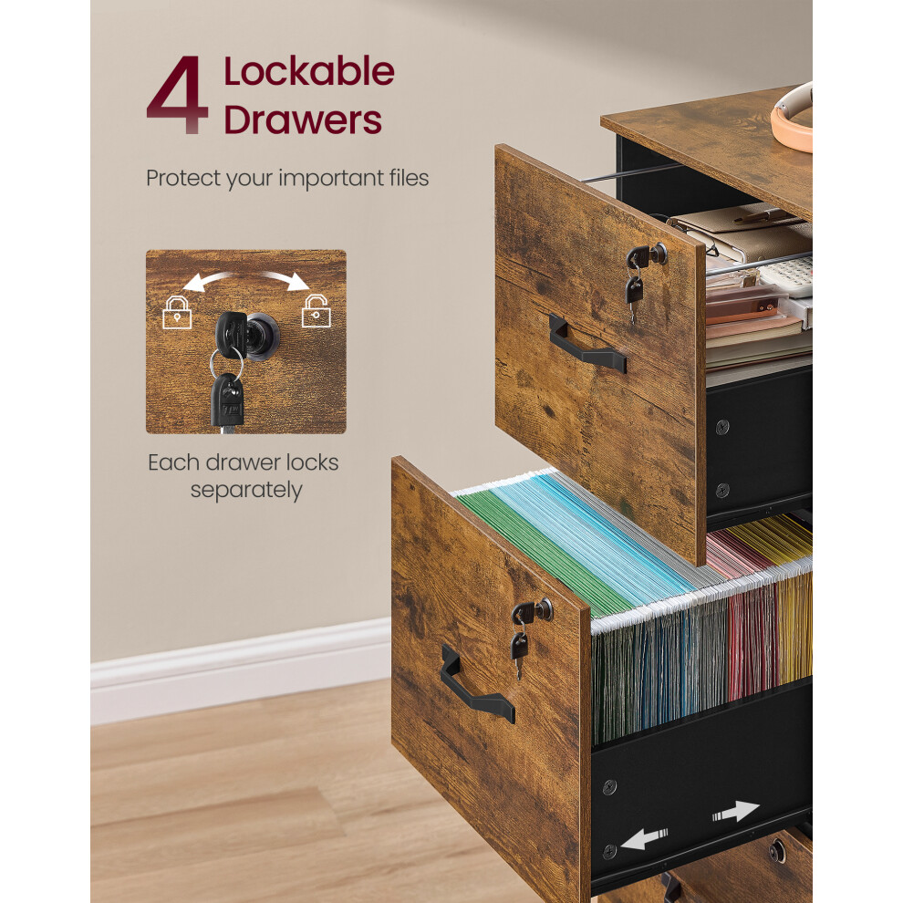 Vasagle (Rustic Brown, Ink Black) File Cabinet, Filing Cabinet For Home Office, Printer Stand, With 4 Lockable Drawers Black,Brown