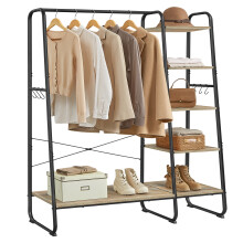 (TurquoiseBrown,MatteBlack) Clothes Rail, Clothes Rack with Shoe Shelf, 5-Tier Storage Rack, 6 Side Hooks