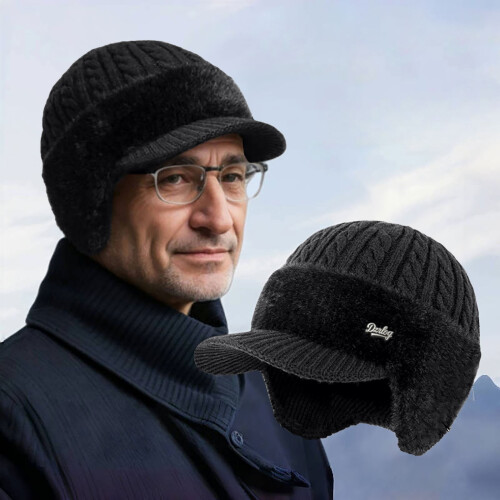 Gorro masculino de tricô com protetores de orelha e aba de lã.