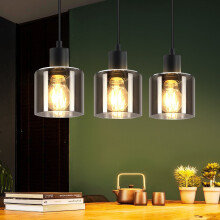 (Smoky Grey, 3-Light) Glitzerlife Pendant Light 3-Light Glass E27 Vintage Black, for Dining Table Living Room