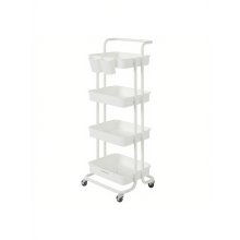(White) 4-Tier Rolling Storage Cart on Wheels, with Handle, 2 Hanging Holders, Steel, Plastic Shelves, for Kitchen Bathroom