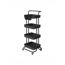 (Black) 4-Tier Rolling Storage Cart on Wheels, with Handle, 2 Hanging Holders, Steel, Plastic Shelves, for Kitchen Bathroom