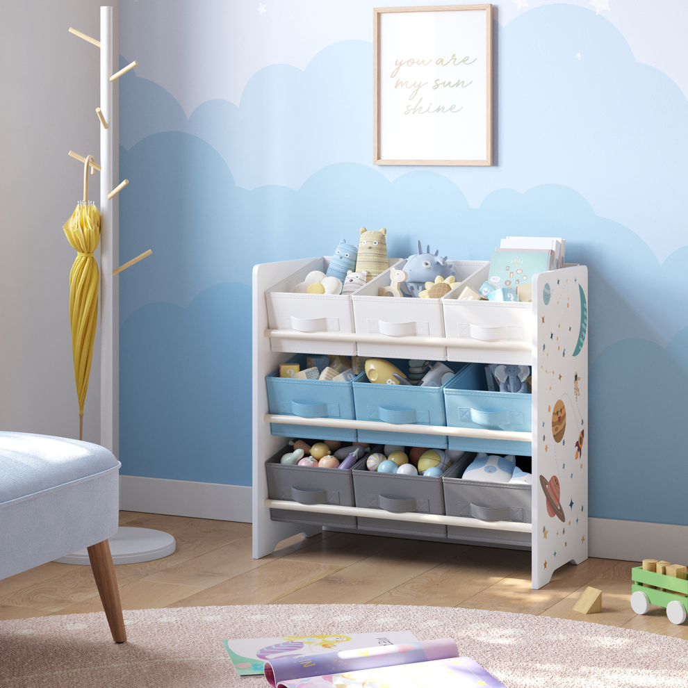 Songmics (White With Pattern) Toy Organiser, Kid Toy Shelf With 9 Non-Woven Fabric Boxes, For Children's Room And Playroom, Spacious, 29.5 X 62.5 X 60 Cm