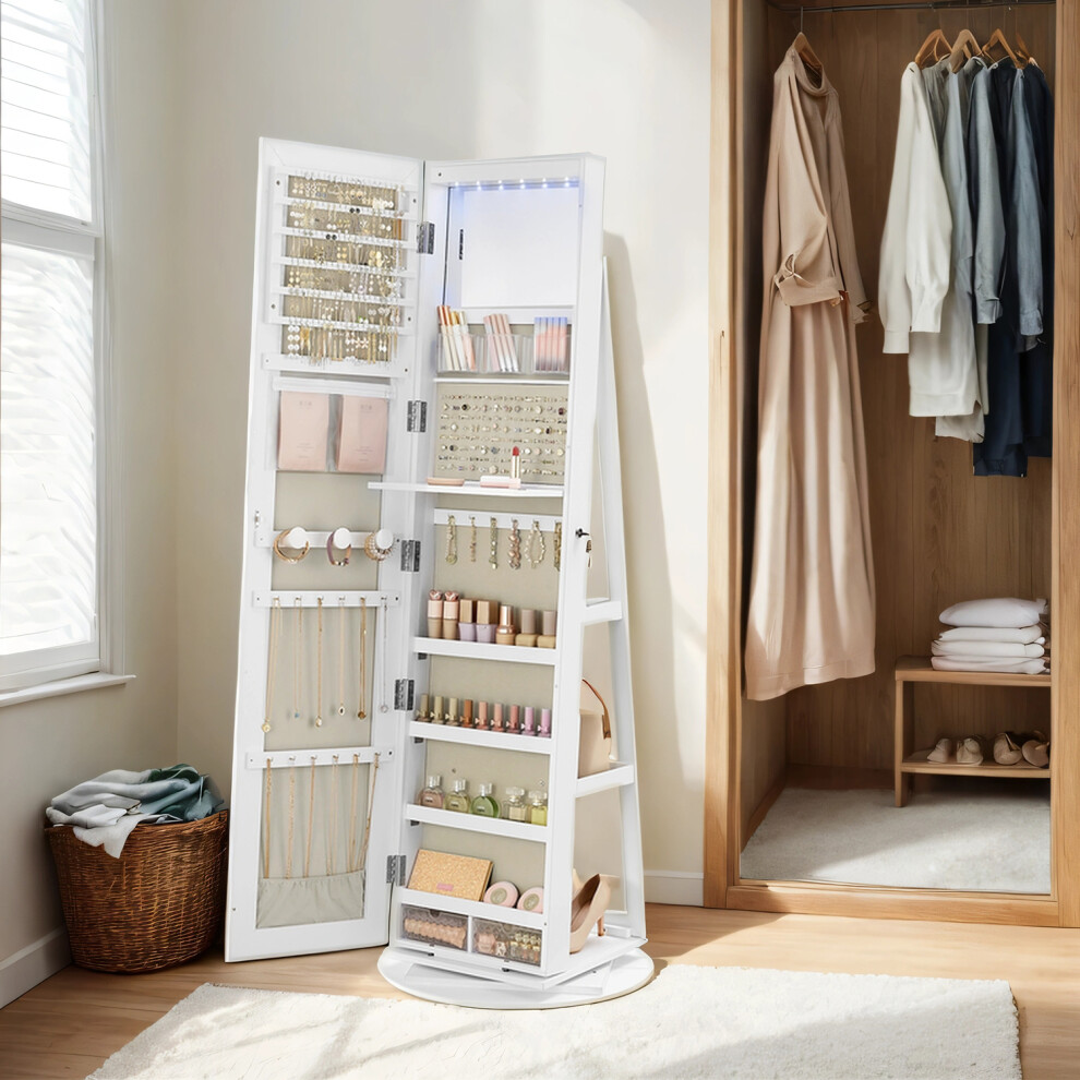 Songmics (White Surface, Greige Lining) 6 Leds Mirror Jewellery Cabinet,Lockable, Free-Standing Frameless Full-Length Mirror With Storage,Black Surface