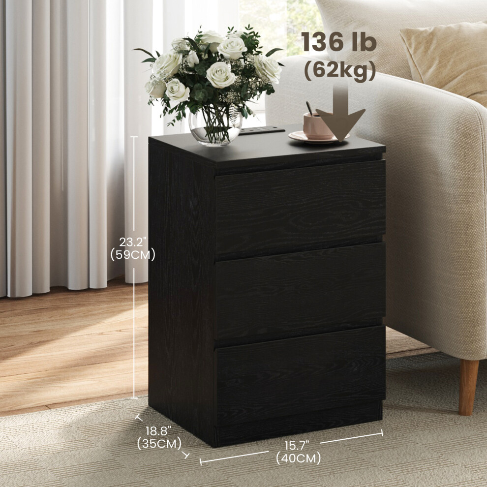 Vasagle (Ebony Black) Nightstand With Charging Station, Bedside Table, Side End Table With 3 Drawers, 2 Ac Outlets, 2 Usb Ports, For Bedroom