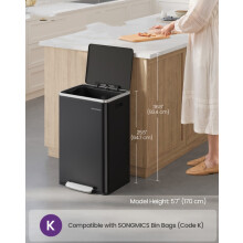 (InkBlack) Kitchen Bin 50 L, with 15 Bin Bags, Steel, Removable Plastic Inner Bucket, with Lid, Handles, Soft Close