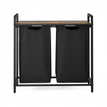 (Rustic Brown, Black) Clothes Hamper with 2 Compartments, Removable Liner Bags, Laundry Basket, Shelf