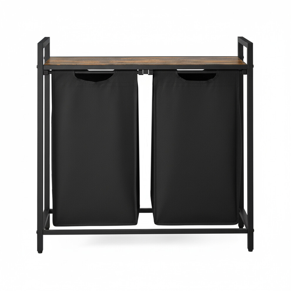 Vasagle (Rustic Brown, Black) Clothes Hamper With 2 Compartments, Removable Liner Bags, Laundry Basket, Shelf