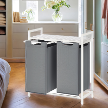 (White,Light Grey) Clothes Hamper with 2 Compartments, Removable Liner Bags, Laundry Basket, Shelf