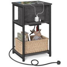 (Charcoal Grey,Ink Black) Slim Side Table with Charging Station, Narrow Bedside Table with 2 AC Outlets 2 USB Outlets