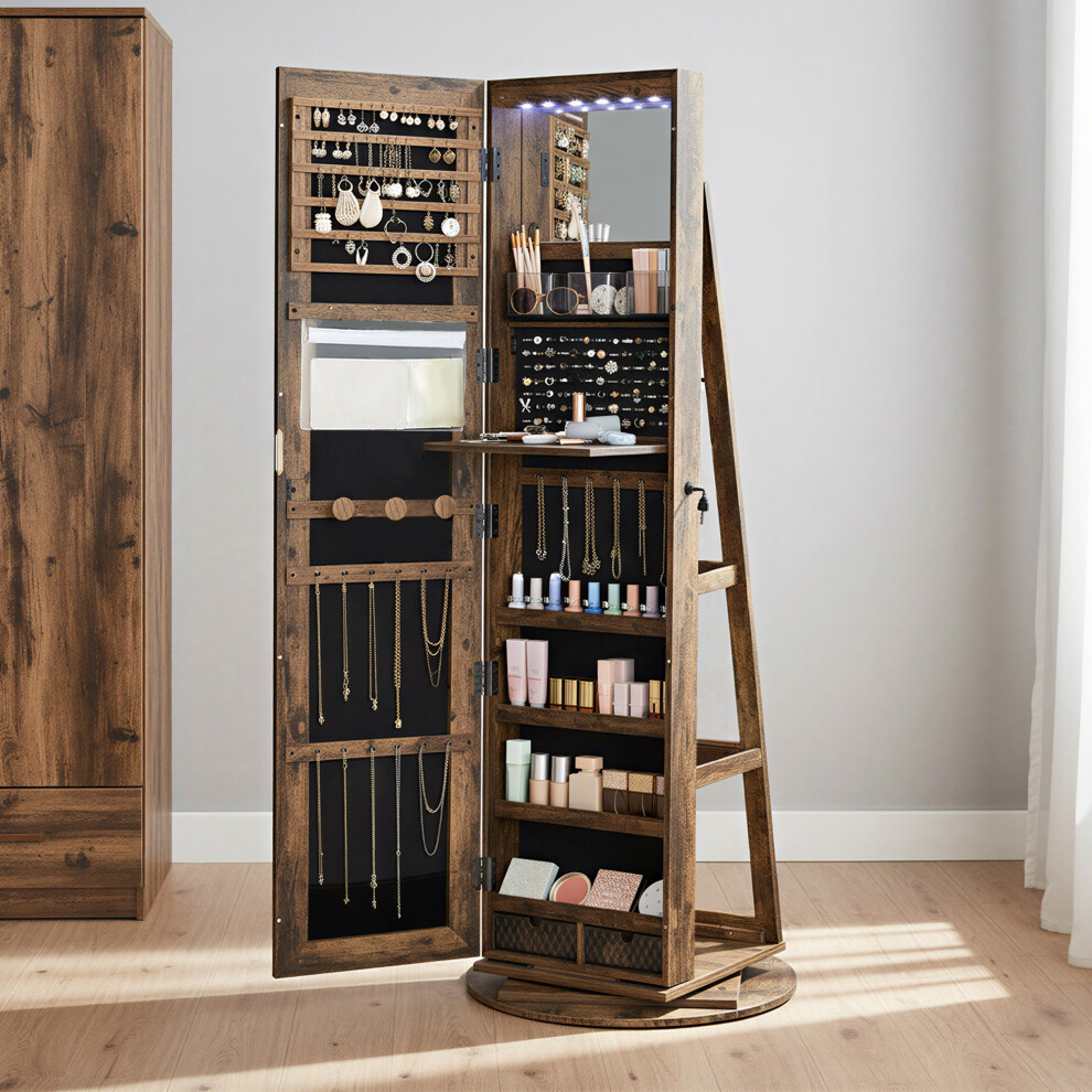 Songmics (Rustic Brown Surface, Black Lining) 6 Leds Mirror Jewellery Cabinet,Lockable, Free-Standing Frameless Full-Length Mirror With Storage,Black Surface