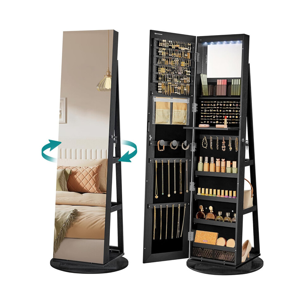 Songmics (Black Surface, Black Lining) 6 Leds Mirror Jewellery Cabinet,Lockable, Free-Standing Frameless Full-Length Mirror With Storage,Black Surface