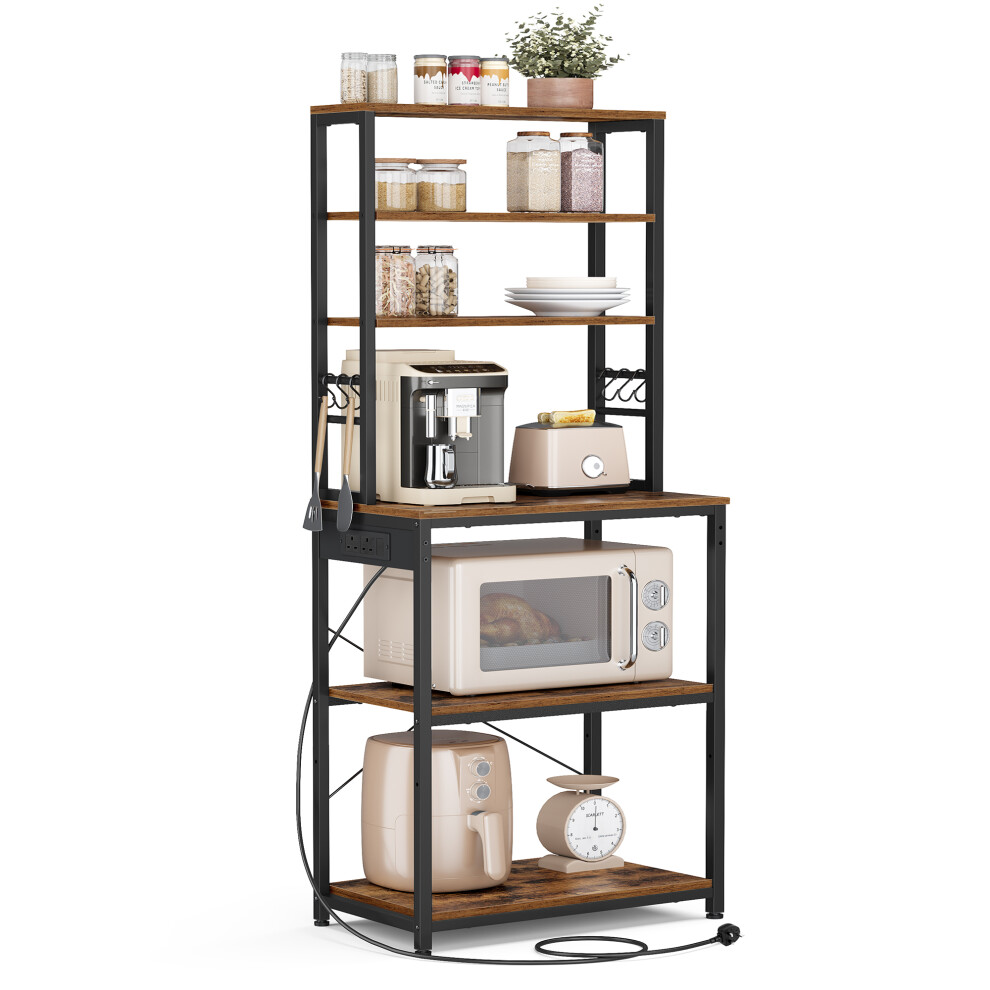 Vasagle (Rustic Ink Black) Baker's Rack With Power Outlet, Coffee Bar For Kitchen With Storage, 6-Tier Kitchen Shelves With 6 Hooks Brown/Black