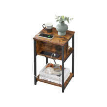 (Rustic Brown,Black) Slim Side Table with Charging Station, Narrow Bedside Table with 2 AC Outlets 2 USB Outlets