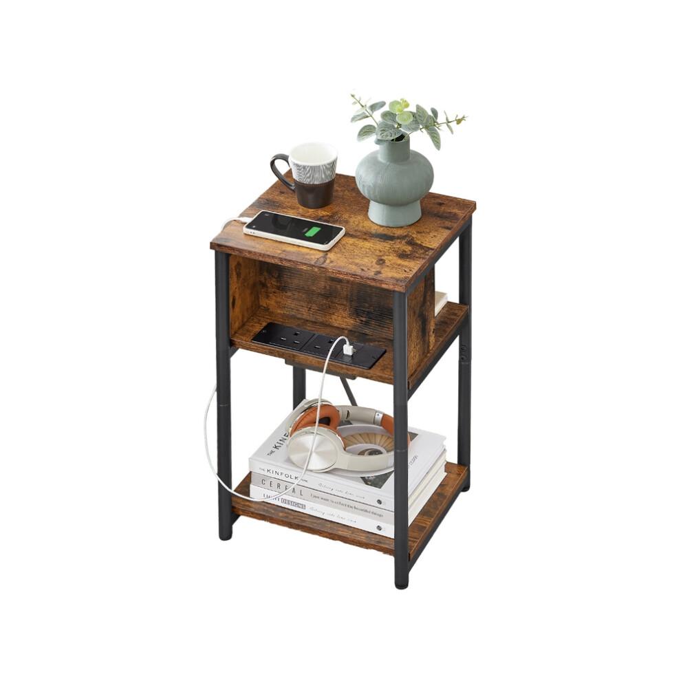 Vasagle (Rustic ,Black) Slim Side Table With Charging Station, Narrow Bedside Table With 2 Ac Outlets 2 Usb Outlets Brown/Black