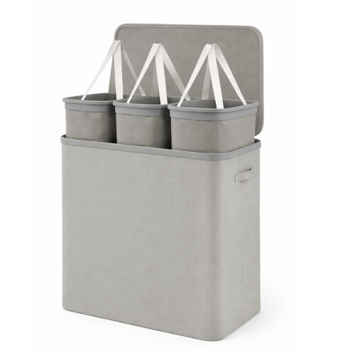 Keplin Collapsible Triple Laundry Basket with Lid & Removable Liner, 170L 64x40x67cm Grey
