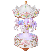White Resin Music Box with Rotating Horses and LED Lights