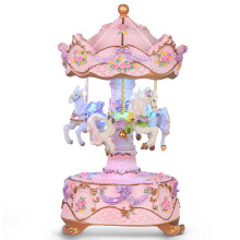 Pink Resin Rotating Carousel Music Box for Girls with LED Lights