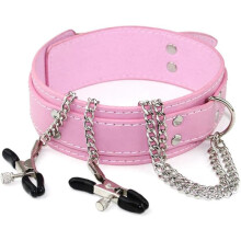 PU Leather Choker Necklace with Decorative Chain Leash Design