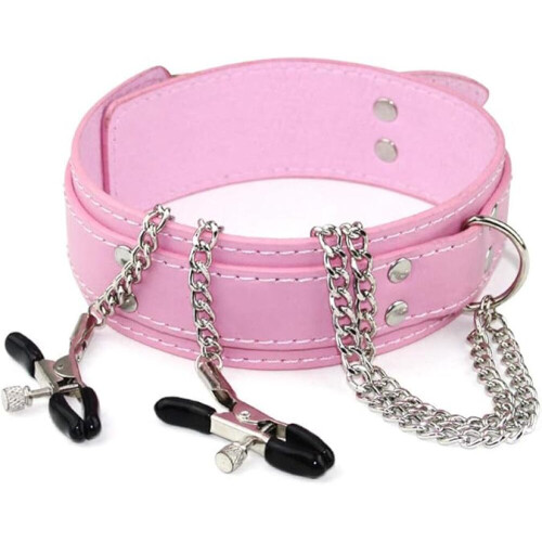 PU Leather Choker Necklace with Decorative Chain Leash Design