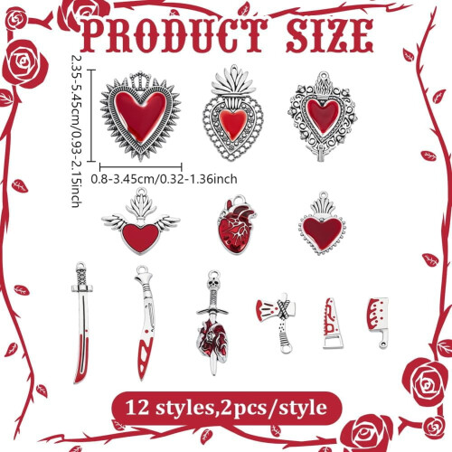 24 rote Emaille-Herzanhänger – Gothic-Anhänger-Set 1