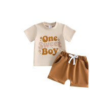 (12-18 Months, Khaki) Baby Boy Summer Outfit Letter Print Short Sleeve Crew Neck T Shirt Elastic Solid Shorts 2 Piece Set