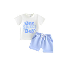 (6-12 Months, White) Baby Boy Summer Outfit Letter Print Short Sleeve Crew Neck T Shirt Elastic Solid Shorts 2 Piece Set