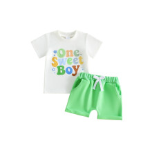 (6-12 Months, Green) Baby Boy Summer Outfit Letter Print Short Sleeve Crew Neck T Shirt Elastic Solid Shorts 2 Piece Set