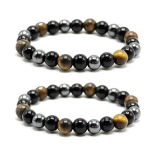 Set di 2 braccialetti a tripla protezione - Occhio di tigre, ematite e ossidiana - Forniscono calore