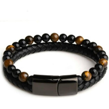 Bracciale da uomo in pelle intrecciata con perline occhio di tigre e onice, chiusura in acciaio.